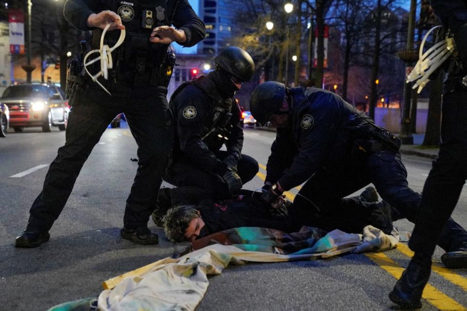 <div class="inline-image__caption"><p>A protester is detained during demonstrations related to the death of Manuel Teran, who was killed during a police raid inside Weelaunee People’s Park in Atlanta, Georgia on Jan. 21, 2023. </p></div> <div class="inline-image__credit">Cheney Orr/Reuters</div>