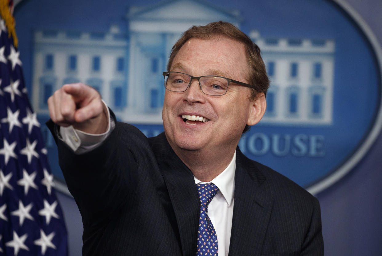 Kevin Hassett, chairman of the Council of Economic Advisers, speaks during the daily press briefing at the White House, Monday, Sept. 10, 2018, in Washington. (AP Photo/Evan Vucci)