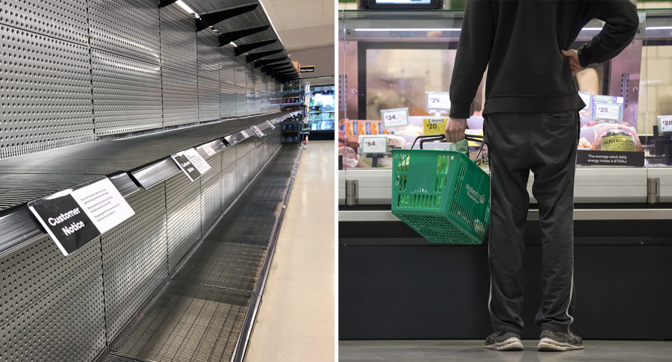 Left - empty shelves. Right - the back of a man looking at meat in a supermarket.