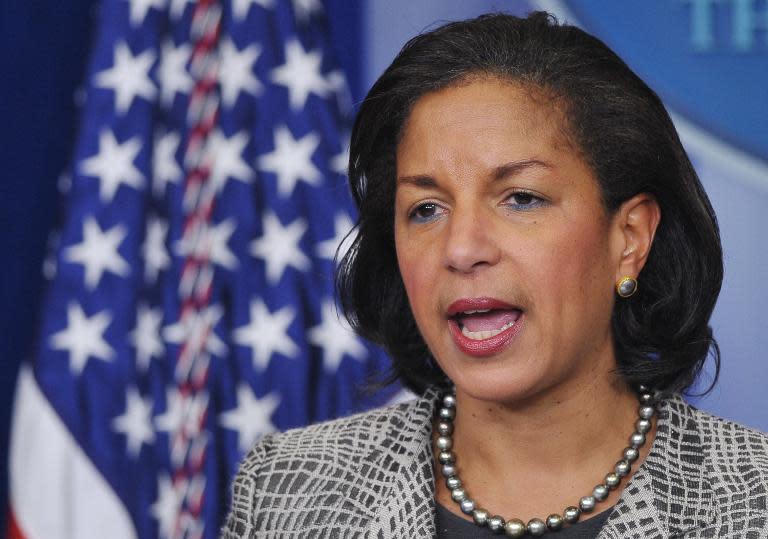 US National Security Advisor Susan Rice speaks at the Brady Briefing Room of the White House, in Washington, DC, on March 21, 2014