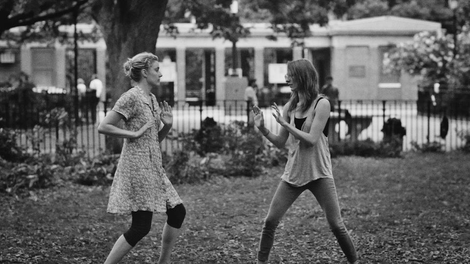 This undated publicity photo released by the Independent Film Channel shows Greta Gerwig, left, as Frances and Mickey Sumner as Sophie play-fighting in a scene from the film, "Frances Ha." (AP Photo/IFC)