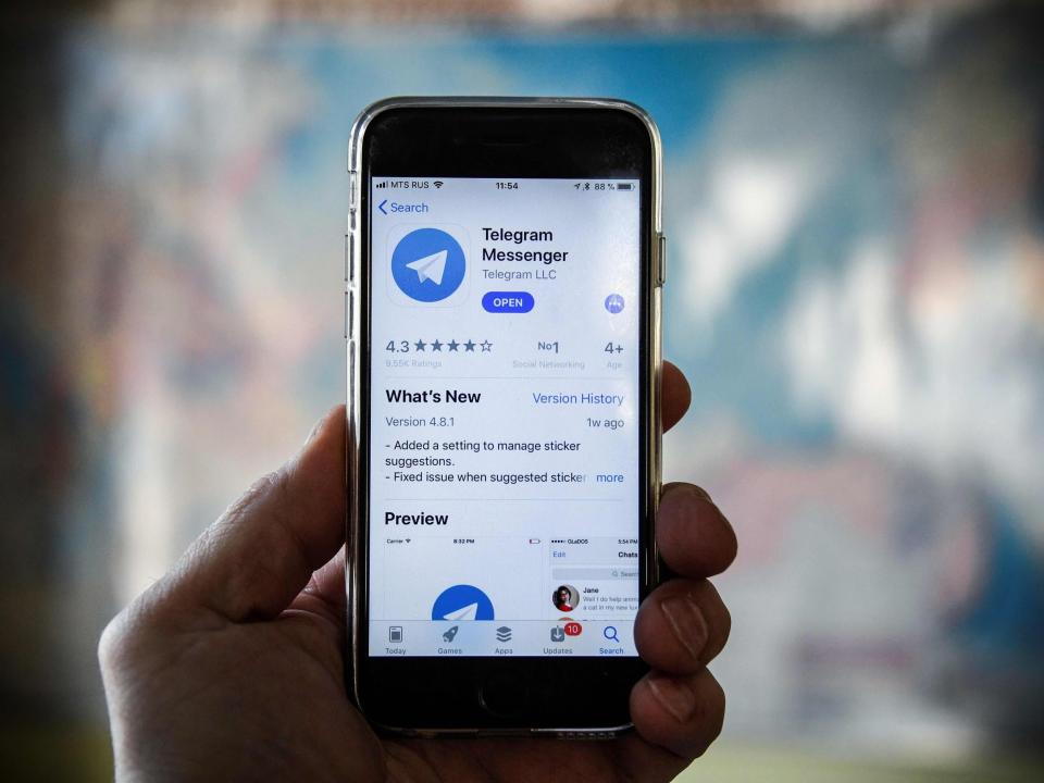 This illustration picture taken on April 6, 2018 in Moscow shows the Telegram messenger application displayed on the screen of a smartphone.Russia's telecoms watchdog on March 6, 2018 asked a Moscow court to block the popular messaging app Telegram, after a deadline for it to hand over encryption keys to security services expired. / AFP PHOTO / Alexander NEMENOVALEXANDER NEMENOV/AFP/Getty Images (AFP/Getty)
