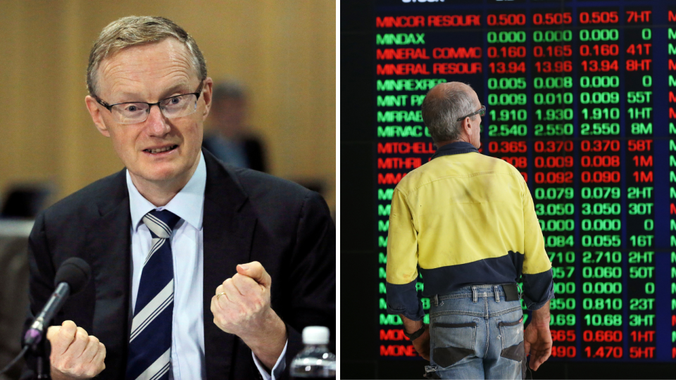 Composite image of RBA governor Philip Lowe, and a man looking at the ASX board