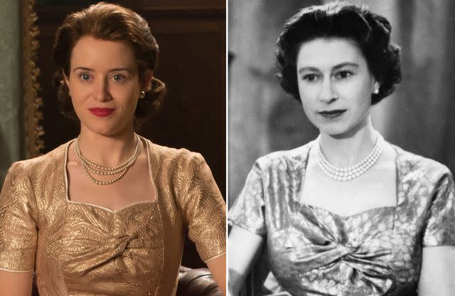 Alex Bailey/Netflix; PA Images/Getty Actress Claire Foy in character as Queen Elizabeth II on ‘The Crown’; Queen Elizabeth II in the Long Library at Sandringham shortly after making the traditional Christmas Day broadcast to the nation.