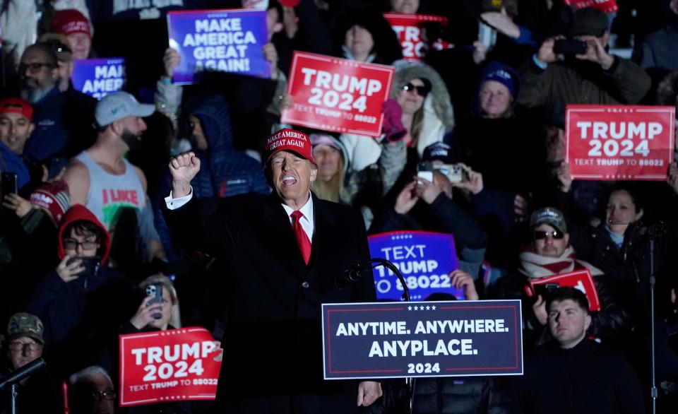 Former US president and Republican presidential candidate Donald Trump speaks at a campaign rally in Schnecksville, Pennsylvania, on April 13, 2024.
