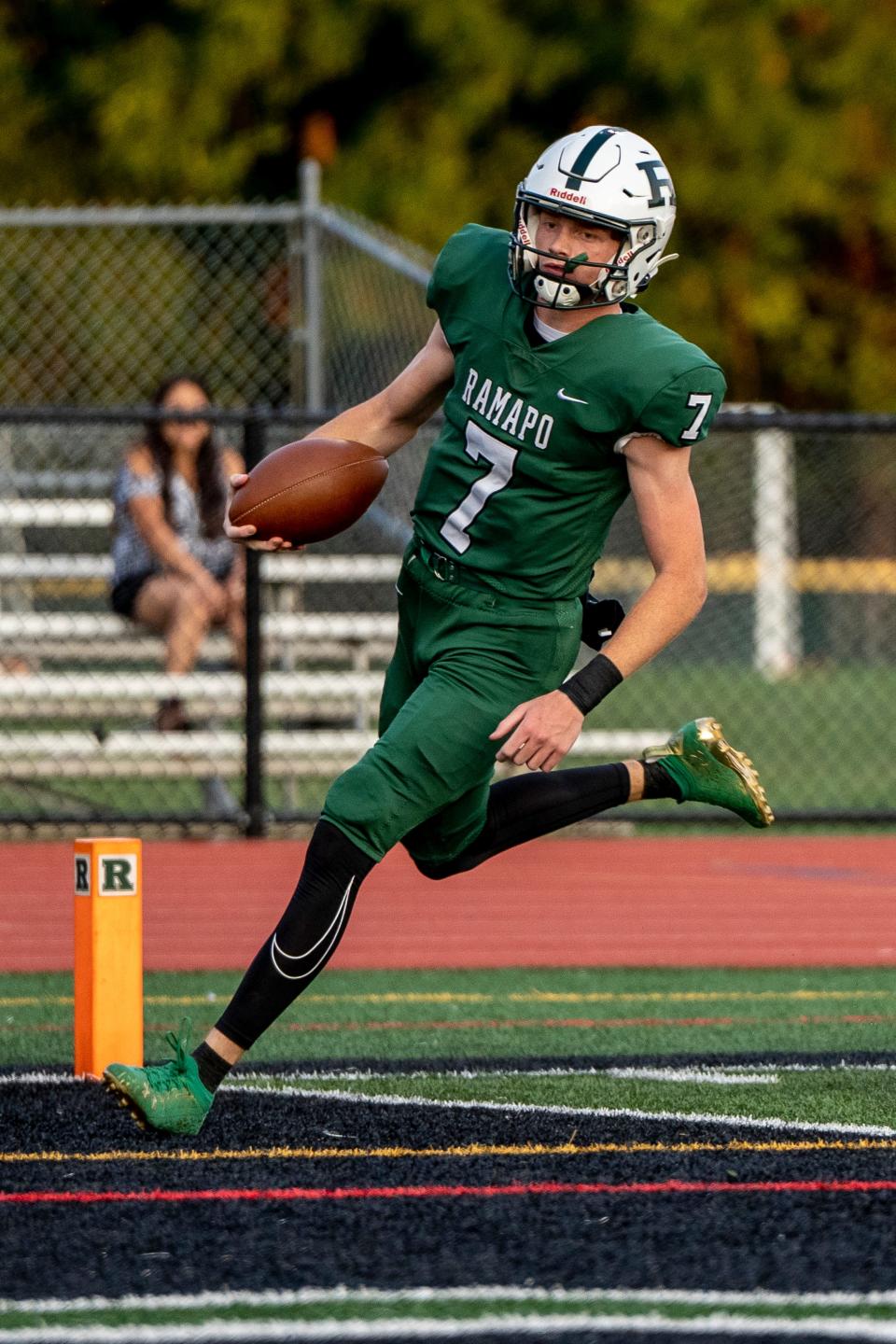 Ramapo High School hosts Wayne Hills during a football game in Franklin Lakes, NJ on Friday September 9, 2022. R #7 Jack Grusser scores a touchdown.