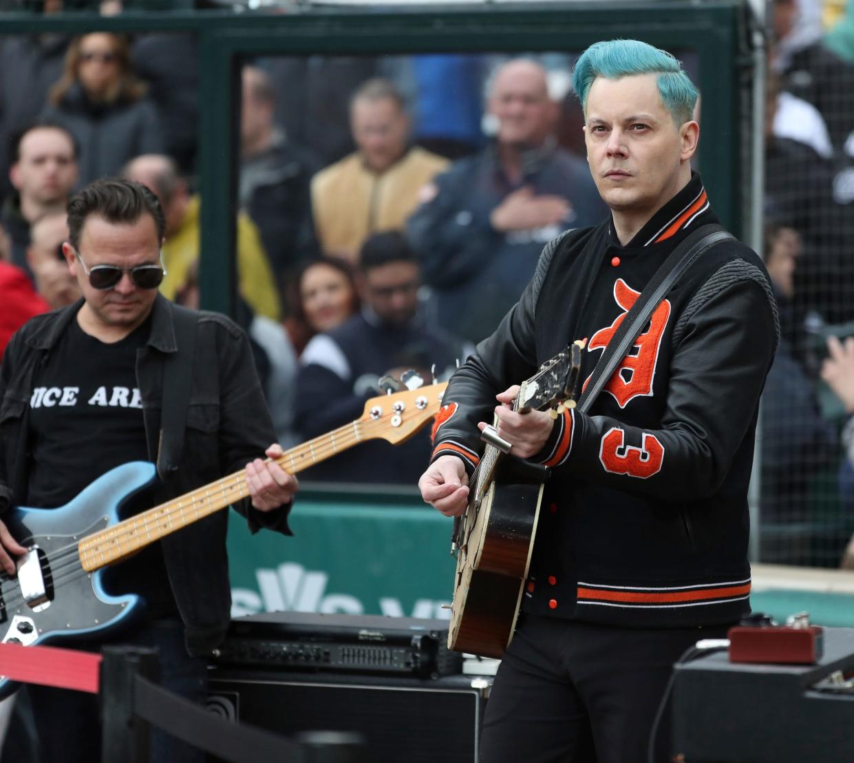 Jack White performs the anthem before the Detroit Tigers opener against the Chicago White Sox Friday, April 08, 2022, at Comerica Park.