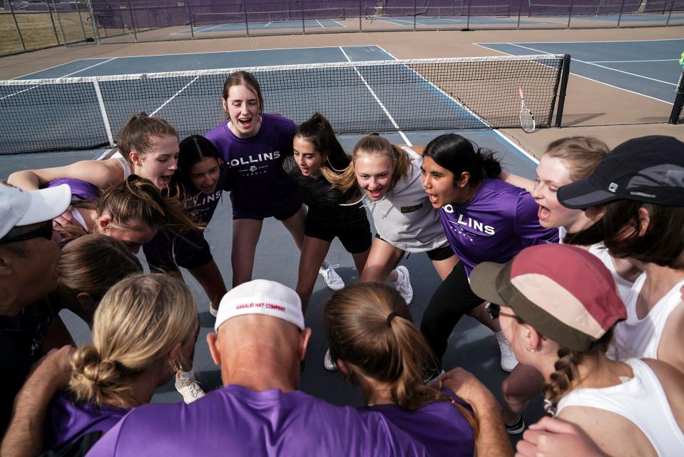 Fort Collins High School's girls tennis team gets hyped up before a city rivalry high school tennis match on Thursday, March 28, 2024 at Fort Collins High School in Fort Collins, Colo.