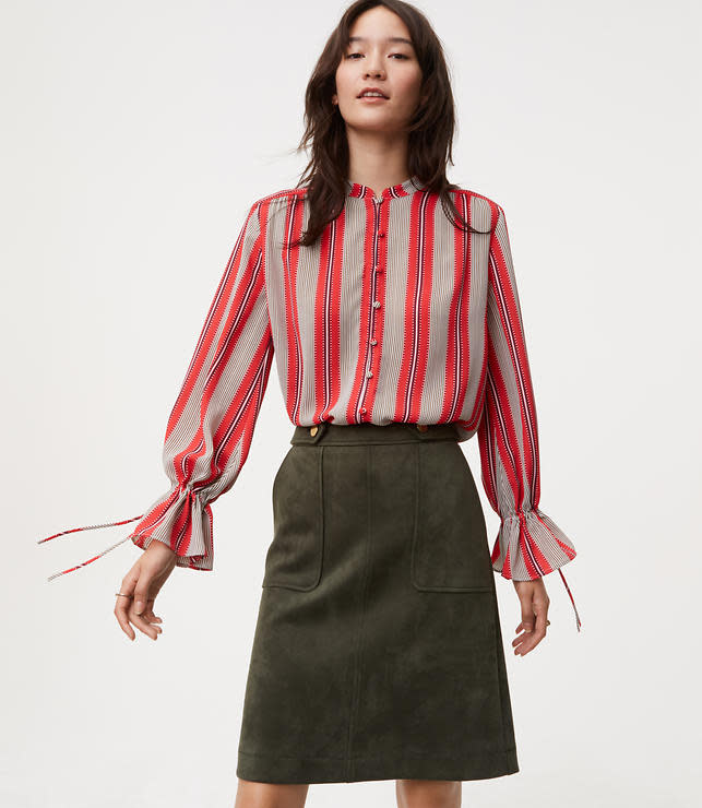 SPICED STRIPE COVERED BUTTON TIE CUFF BLOUSE