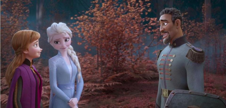 Anna (far left) and Elsa with General Mattias in Frozen 2. | Disney