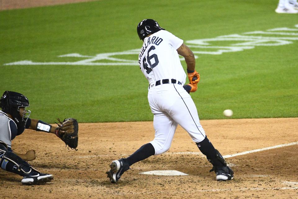 Tigers third baseman Jeimer Candelario hits a two-run double during the sixth inning against the Rays on Friday, Sept. 10, 2021, at Comerica Park.