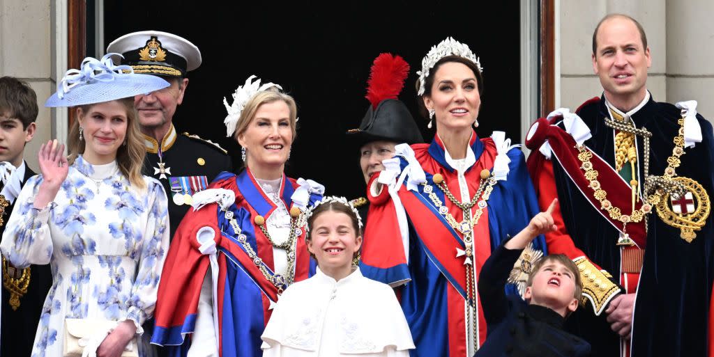 london, england may 06 l r lady louise windsor, vice admiral sir timothy laurence, sophie, duchess of edinburgh, princess charlotte of wales, anne, princess royal, catherine, princess of wales, prince louis of wales and prince william, prince of wales gather on the buckingham palace central balcony after the coronation service of king charles iii and queen camilla on may 06, 2023 in london, england the coronation of charles iii and his wife, camilla, as king and queen of the united kingdom of great britain and northern ireland, and the other commonwealth realms takes place at westminster abbey today charles acceded to the throne on 8 september 2022, upon the death of his mother, elizabeth ii photo by samir husseinwireimage