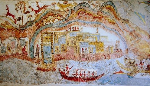 <span class="caption">Wall-painting depicting a procession of ships from the Bronze Age site of Akrotiri, Thera in Greece</span> <span class="attribution"><a class="link " href="https://commons.wikimedia.org/wiki/File:Ship_procession_fresco,_part_1,_Akrotiri,_Greece.jpg" rel="nofollow noopener" target="_blank" data-ylk="slk:Yann Forget;elm:context_link;itc:0;sec:content-canvas">Yann Forget</a></span>
