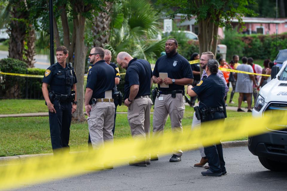 The Tallahassee Police Department investigates a shooting that occurred at Griffin Heights Apartments early Monday morning, June 17, 2024. One woman was killed and another is in serious condition.