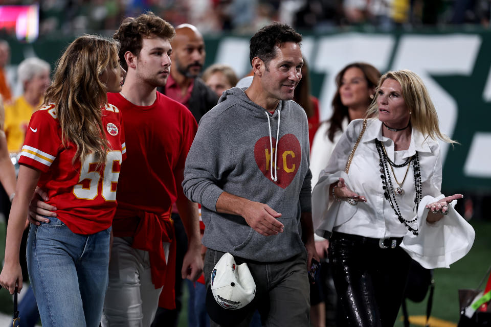 EAST RUTHERFORD, NEW JERSEY - OCTOBER 01: Actor Paul Rudd walks the sidelines prior to the game at MetLife Stadium on October 01, 2023 in East Rutherford, New Jersey. (Photo by Dustin Satloff/Getty Images)