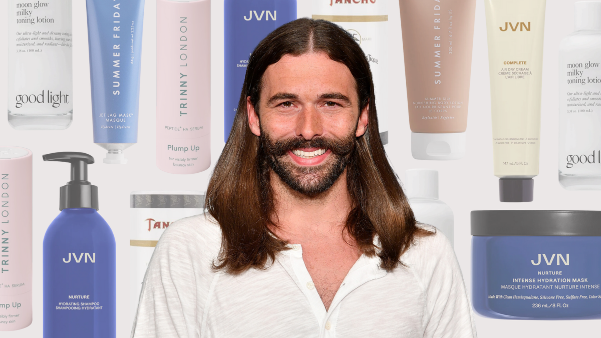 jvn, Jonathan Van Ness with long brown hair and white shirt over collage of beauty products, jvn hair, trinny london skin, good light toning lotion,What's inside 'Queer Eye' star Jonathan Van Ness' travel beauty bag (Photos via Getty, Sephora, Trinny London, Good Light & Japanese Taste).