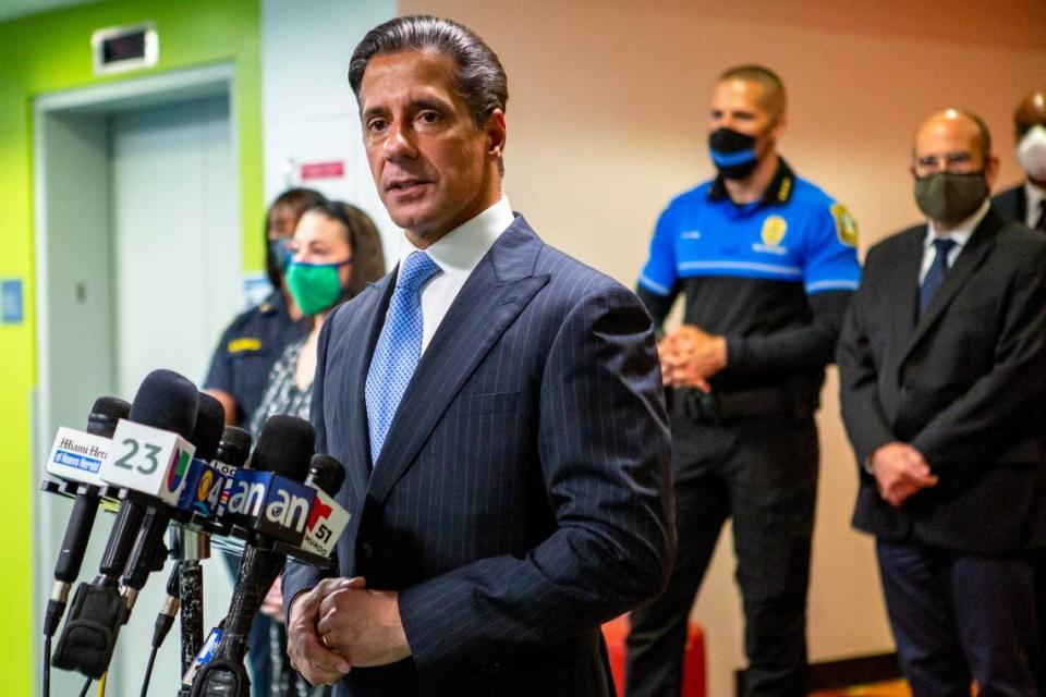 On the first day of the 2020-2021 school year, Miami-Dade Schools Superintendent Alberto Carvalho recounts the software outage that hindered connection to online learning for students and teachers during a press conference at iPrep Academy.