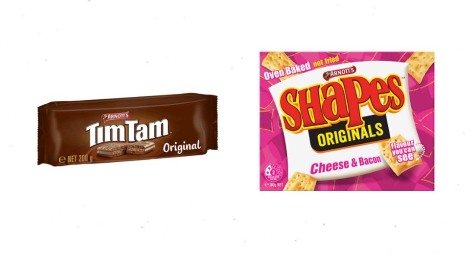 Left, a packet of original Tim Tam biscuits. Right, a box of cheese and bacon shapes. 