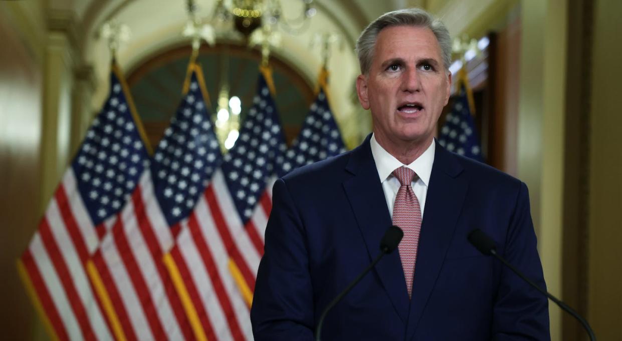 Speaker Kevin McCarthy got the House to approve a package that could reduce the Medicaid program's scale. <a href="https://www.gettyimages.com/detail/news-photo/house-speaker-kevin-mccarthy-speaks-about-the-countrys-debt-news-photo/1463574682" rel="nofollow noopener" target="_blank" data-ylk="slk:Alex Wong/Getty Images;elm:context_link;itc:0;sec:content-canvas" class="link ">Alex Wong/Getty Images</a>