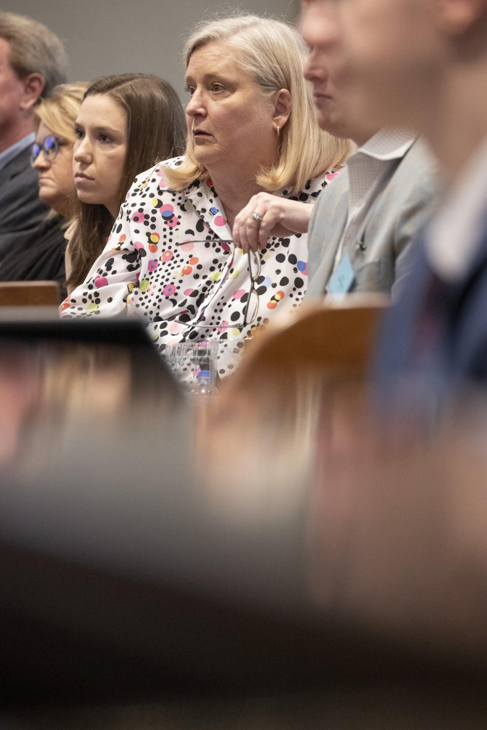 Lynn Murdaugh Goette listens during Alex Murdaugh's double murder trial at the Colleton County Courthouse on Wednesday, Feb. 8, 2023, in Walterboro, S.C. The 54-year-old attorney is standing trial on two counts of murder in the shootings of his wife and son at their Colleton County home and hunting lodge on June 7, 2021. (Andrew J. Whitaker/The Post And Courier via AP, Pool)