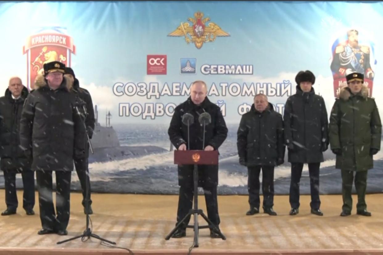 Vladimir Putin makes a speech in the northern city of Severodvinsk to mark the reveal of two nuclear-powered submarines (TASS / Telegram)