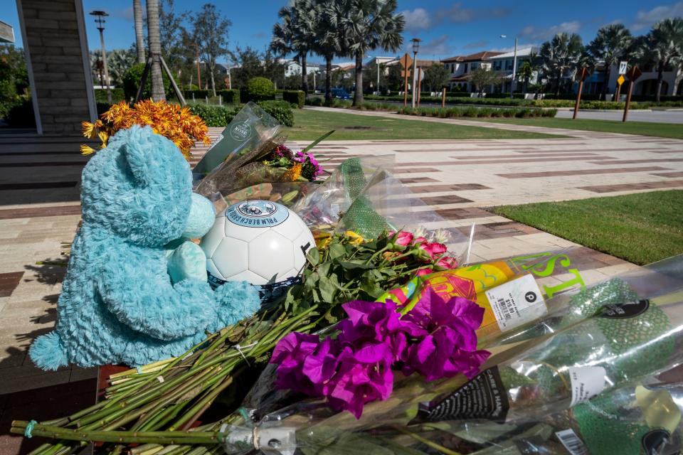 A memorial made in honor of Ryan Rogers, 14, at the Alton Community Center in Palm Beach Gardens, Florida on November 22, 2021 . Rogers body and his bicycle were found on the sidewalk on Central Boulevard. 