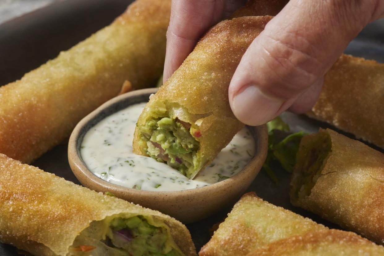 Copycat, Creamy Avocado Spring Rolls with Diced Tomato, Red Onion and a Cilantro Ranch Dipping Sauce