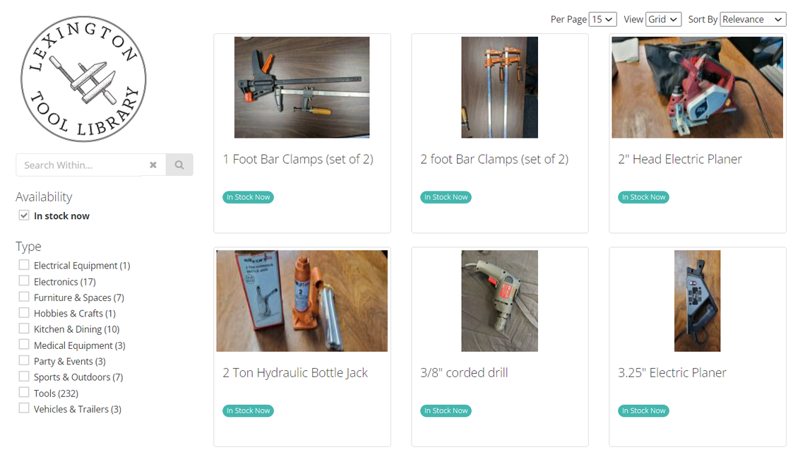 A screen capture of the Lexington Tool Library’s website depicting what tools are available to borrow.