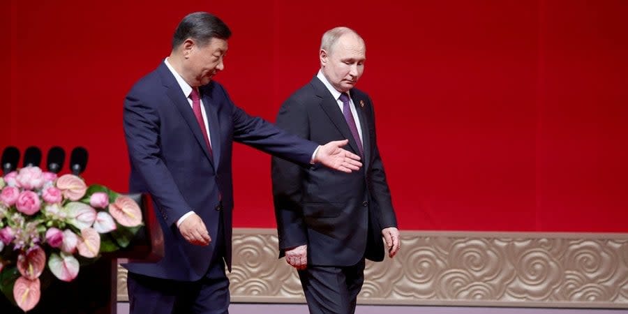Russian dictator Vladimir Putin and Chinese President Xi Jinping at a ceremonial event in Beijing on May 16, 2024