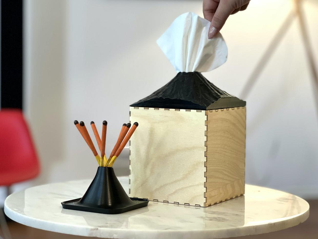 A volcano-themed tissue box designed with the help of AI-assisted image generation. Juan Noguera, <a href="http://creativecommons.org/licenses/by-sa/4.0/" rel="nofollow noopener" target="_blank" data-ylk="slk:CC BY-SA;elm:context_link;itc:0;sec:content-canvas" class="link ">CC BY-SA</a>