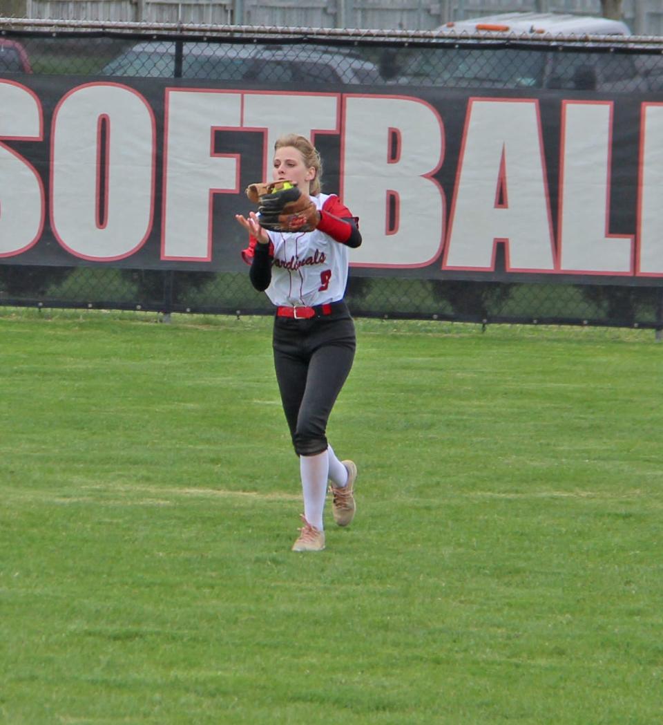 Coldwater's Brianna Omo hauls in a fly ball in early season action