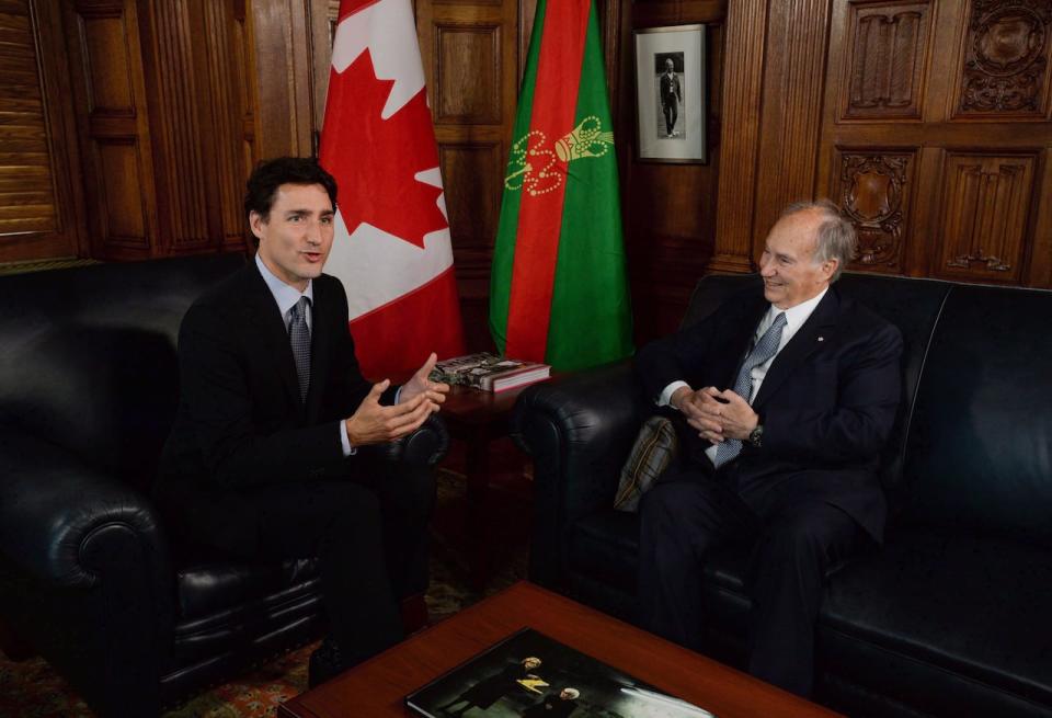 Prime Minister Justin Trudeau meets with the Aga Khan on Parliament Hill in Ottawa on Tuesday, May 17, 2016. Trudeau is not the first politician to face heat for a ride in the Aga Khan's helicopter.