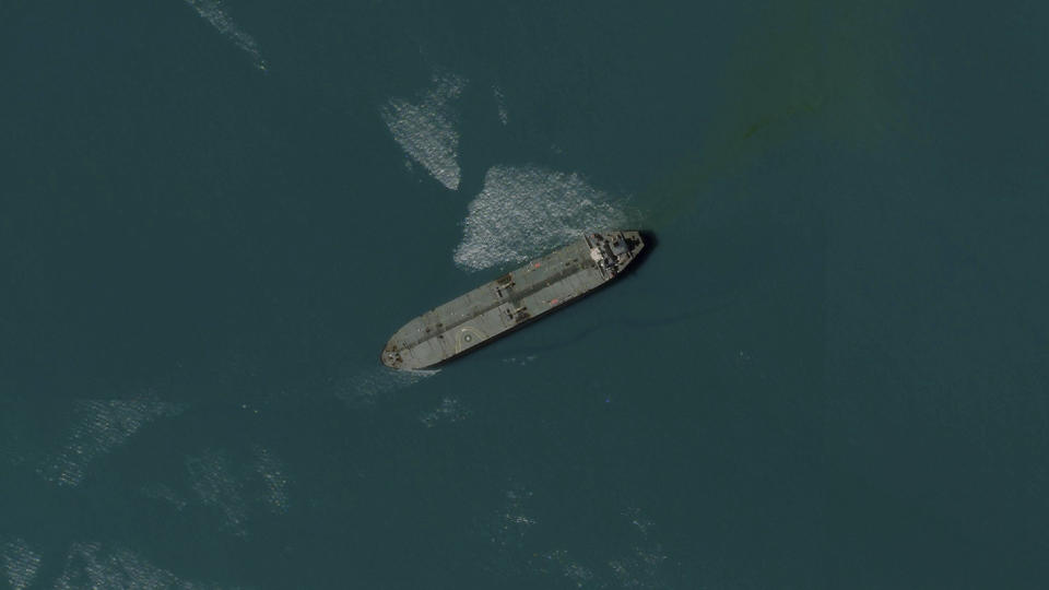 This satellite image from Planet Labs PBC shows the seized oil tanker Niovi off the coast of Bandar Abbas, Iran, Saturday, May 6, 2023. Satellite images analyzed Sunday, May 7, 2023, by The Associated Press showed the location of two oil tankers recently seized by Iran amid tensions with the West. (Planet Labs PBC via AP)