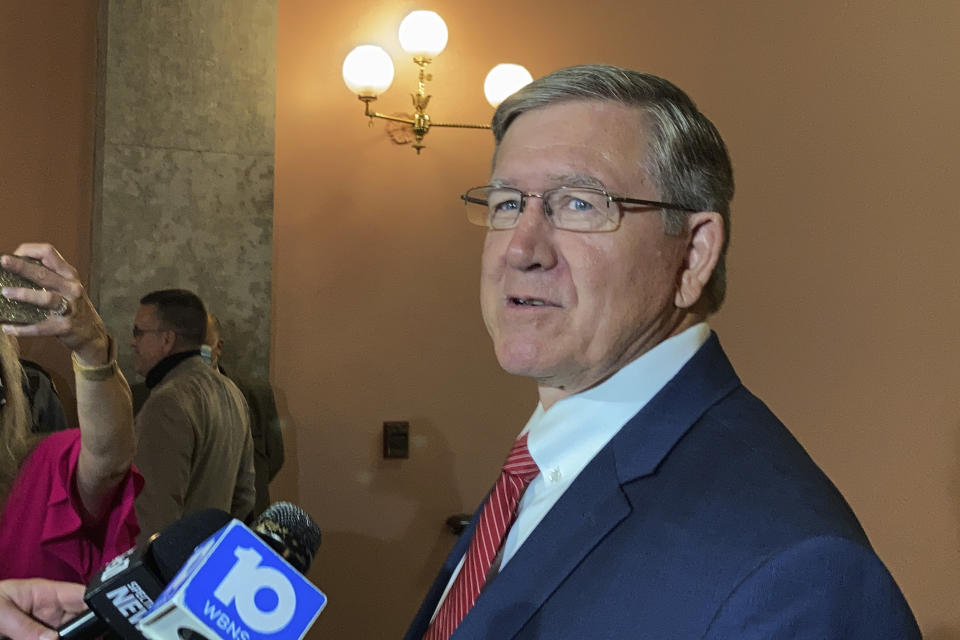 Ohio State Rep. Bob Cupp answers questions from the media, Thursday, July 30, 2020 in Columbus, Ohio. The Ohio House ousted its Republican speaker, Rep. Larry Householder, as the chamber's top leader in a historic, unanimous and bipartisan vote Thursday after he was charged in an alleged $60 million bribery scheme. Householder is the first Ohio House speaker ever removed by the chamber, according to the Ohio History Connection. (AP Photo/Farnoush Amiri)