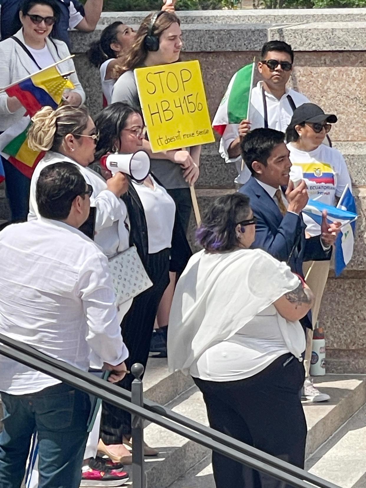 Rep. Arturo Alonso Sandoval speaks to a crowd Tuesday on the north Capitol plaza about House Bill 4156, an anti-immigration bill that would target undocumented people in Oklahoma. About 70% of Alonso Sandoval’s District 89 is Hispanic.