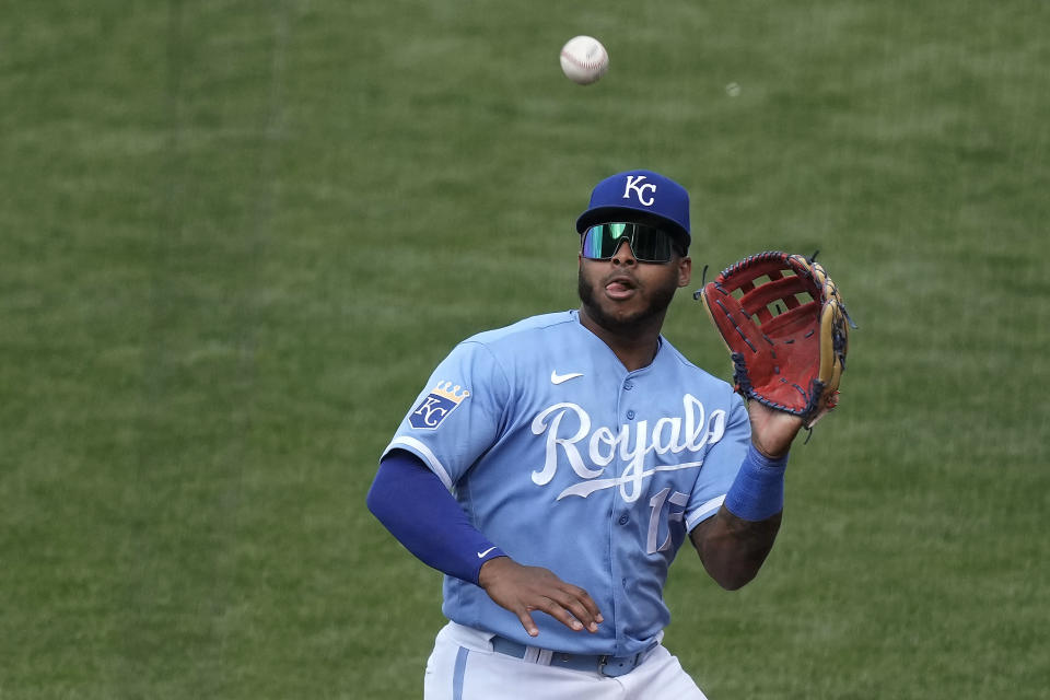 Kansas City Royals right fielder Nelson Velazquez catches a fly ball for the out on Cleveland Guardians' Myles Straw during the seventh inning of a baseball game Wednesday, Sept. 20, 2023, in Kansas City, Mo. (AP Photo/Charlie Riedel)