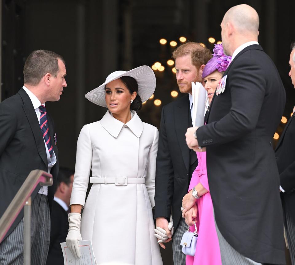 Peter Phillips, Meghan, Duchess of Sussex, Prince Harry, Duke of Sussex, Zara Tindall and her husband Mike Tindall attend the National Service of Thanksgiving