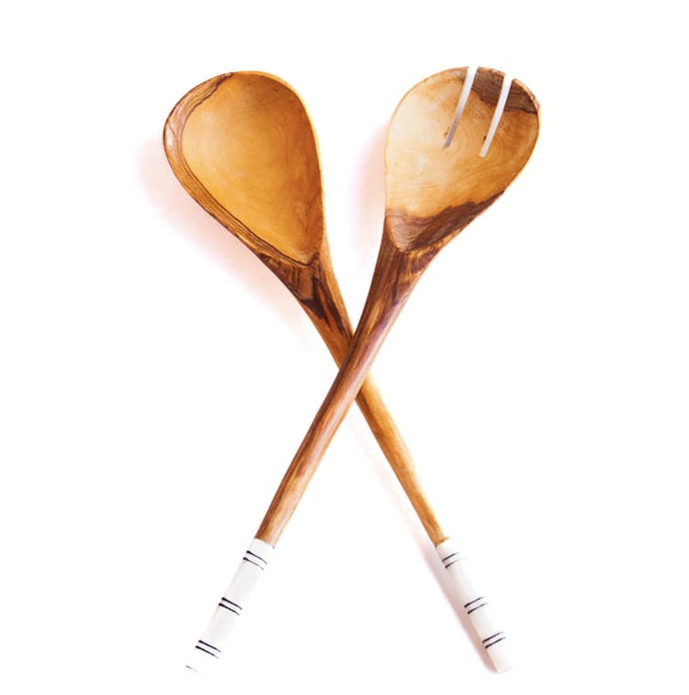 White Striped Olive Wood Salad Servers