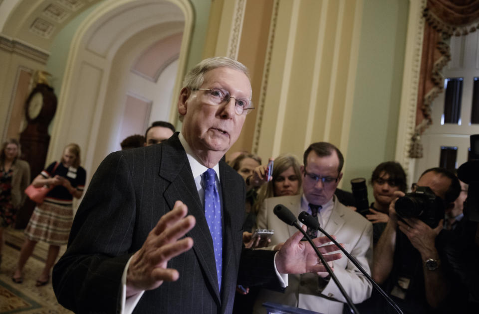 Senate Majority Leader Mitch McConnell of Ky. speaks to reporters on Capitol Hill in Washington, Tuesday, April 4, 2017, about the struggle to move Supreme Court nominee Neil Gorsuch toward a final up-or-down vote on the Senate floor. (AP Photo/J. Scott Applewhite)