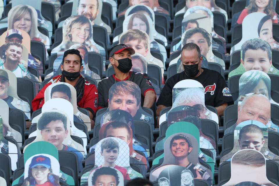 Fans are seen prior to a game between the Tampa Bay Buccaneers and the Kansas City Chiefs in Super Bowl LV at Raymond James Stadium on February 07, 2021 in Tampa, Florida. (Photo by Patrick Smith/Getty Images)