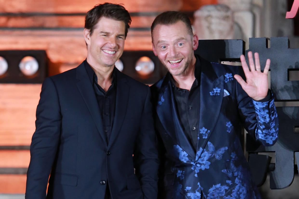 BEIJING, CHINA - AUGUST 29: Actor Tom Cruise (L) and actor Simon Pegg attend 'Mission: Impossible - Fallout' press conference at the Imperial Ancestral Temple on August 29, 2018 in Beijing, China. (Photo by Visual China Group via Getty Images/Visual China Group via Getty Images)