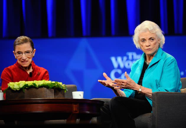 Then-Justice Ruth Bader Ginsburg and former Justice Sandra Day O'Connor attend the Women's Conference 2010 on Oct. 26, 2010, in Long Beach, California.  (Photo: Kevork Djansezian via Getty Images)