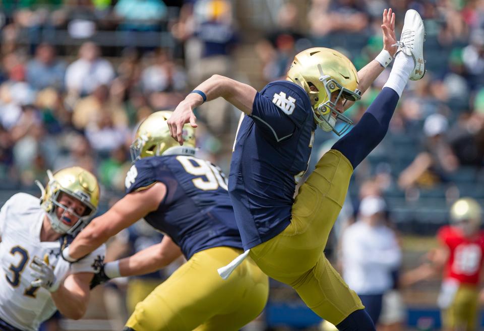 Bryan Dowd gets off a punt during the Notre Dame Blue-Gold spring football game on April 23. Will the Irish maintain their independent status when their contract with NBC ends in 2025?