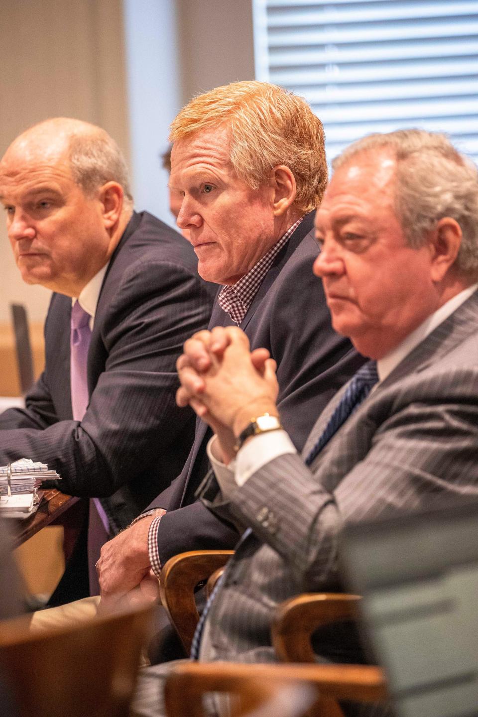 Jan 31, 2023; Walterboro, SC, USA; From left, defense attorney Jim Griffin, Alex Murdaugh and Dick Harpootlian listen to the prosecuting cross-exam of a witness in the double murder trial of Alex Murdaugh at the Colleton County Courthouse in Walterboro, Tuesday, Jan. 31, 2023. Mandatory Credit: Andrew J. Whitaker/Pool via USA TODAY NETWORK