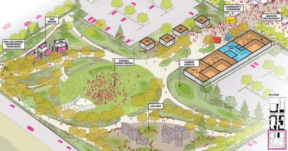 Original plans called for an outdoor area with an amphitheater and children play spaces at the south end of the proposed three-block Harris Ranch town center.