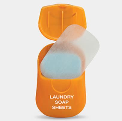 A pack of 50 portable laundry soap sheets