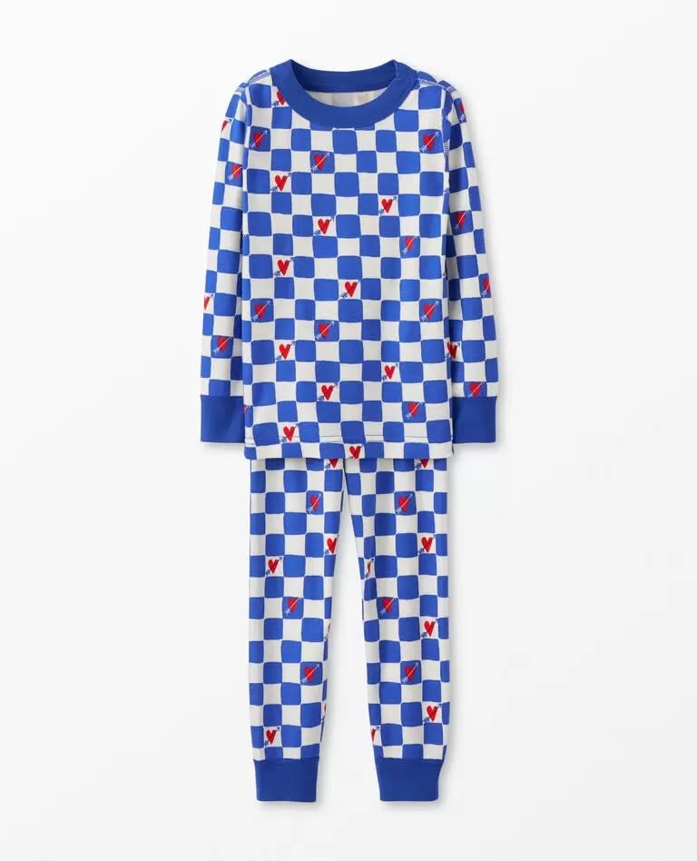 blue and white checkered pjs with hearts
