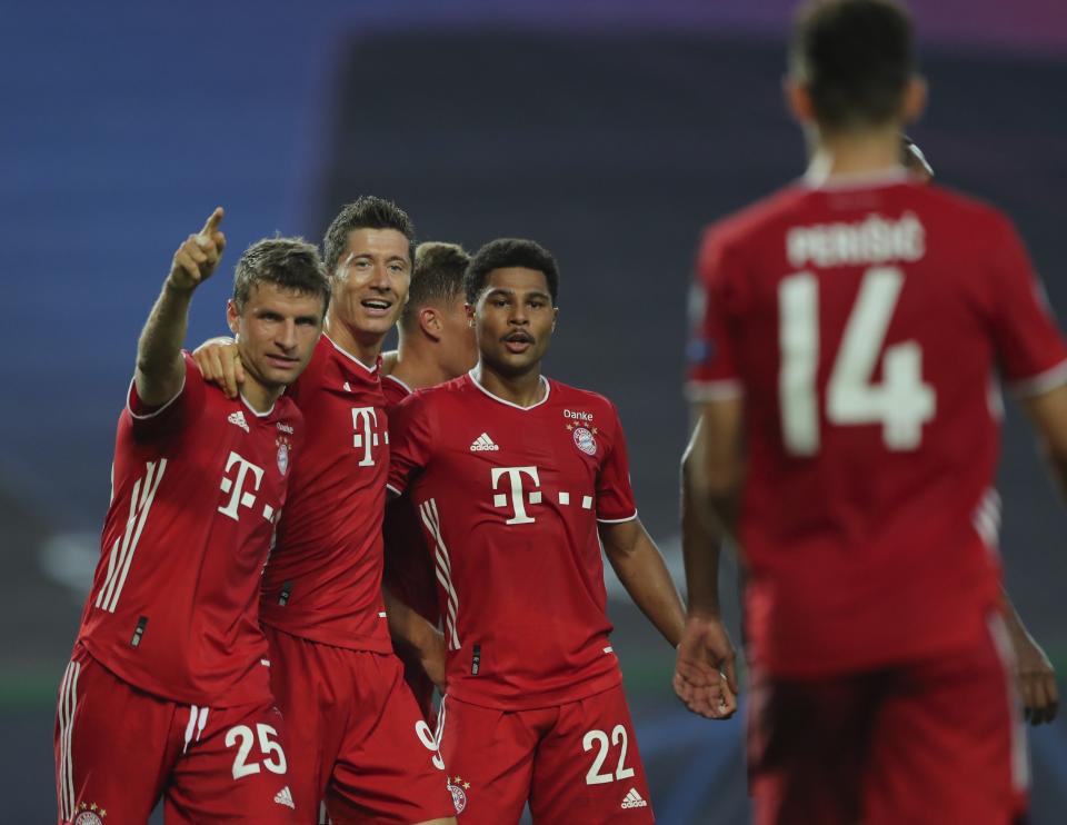 (Left to right) Thomas Müller, Robert Lewandowski and Serge Gnabry led Bayern Munich's blowout of Lyon to reach the Champions League final. (Miguel A. Lopes/Pool via AP)