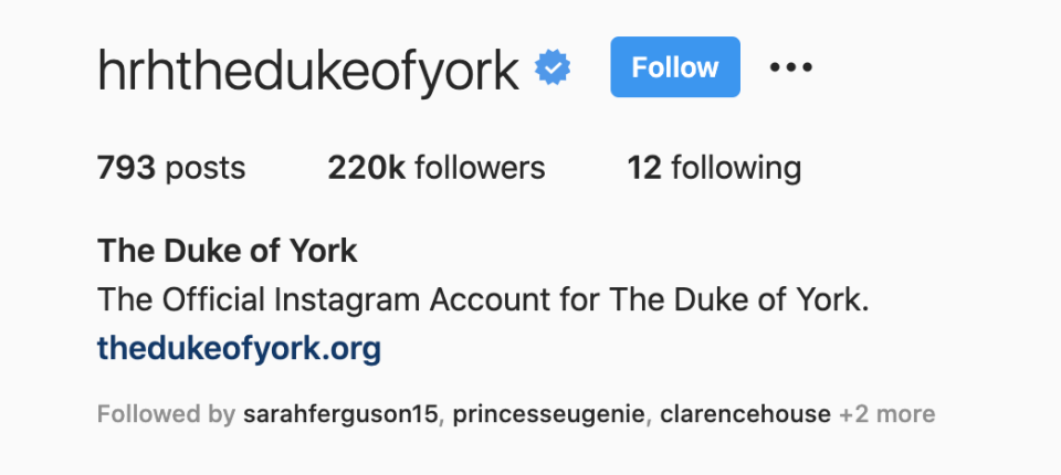 The Duke's instagram account also direct to his main website. (Instagram)