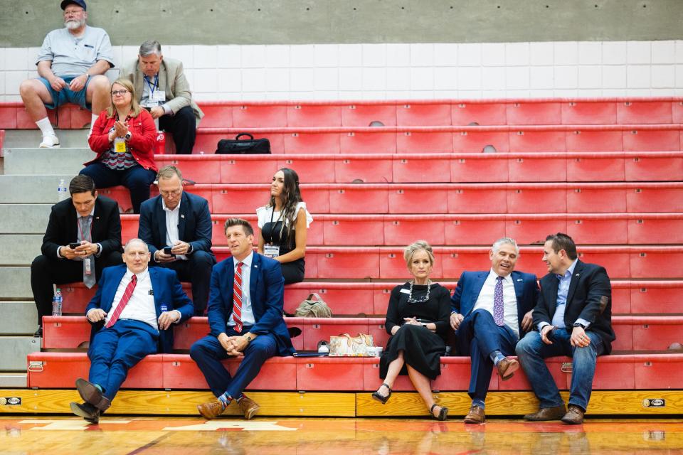 Candidates of Utah Congressional District 2, from left to right, Scott Hatfield, Bill Hoster, Quinn Denning, Scott Reber and Kathleen Anderson sit before speaking during the Utah Republican Party’s special election at Delta High School in Delta on June 24, 2023. | Ryan Sun, Deseret News